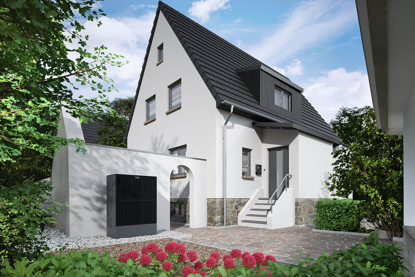 Viessmann 250a Außeneinheit vor einem Einfamilienhaus